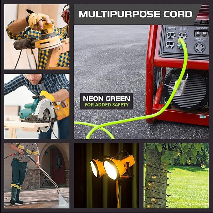 Iron Forge Cable Weatherproof 10 Ft Outdoor Extension Cord - 12/3 SJTW 15 Amp Heavy Duty Light Green High Visibility Cable with 3 Prong - Lighted End