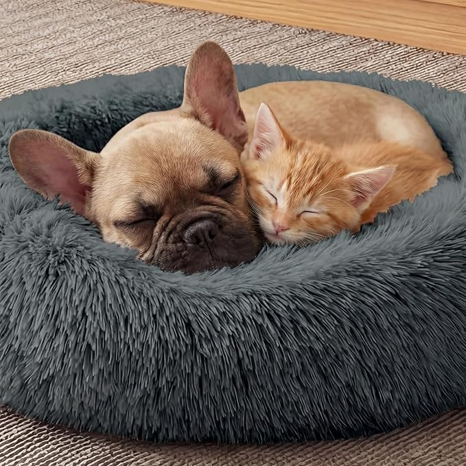 Calming Dog Bed, 24" x 24" x 6" Fits Cat & Dog, Anti-Slip Round Washable Faux Fur for Doze Off, Napping Orthopedic, Dark Grey