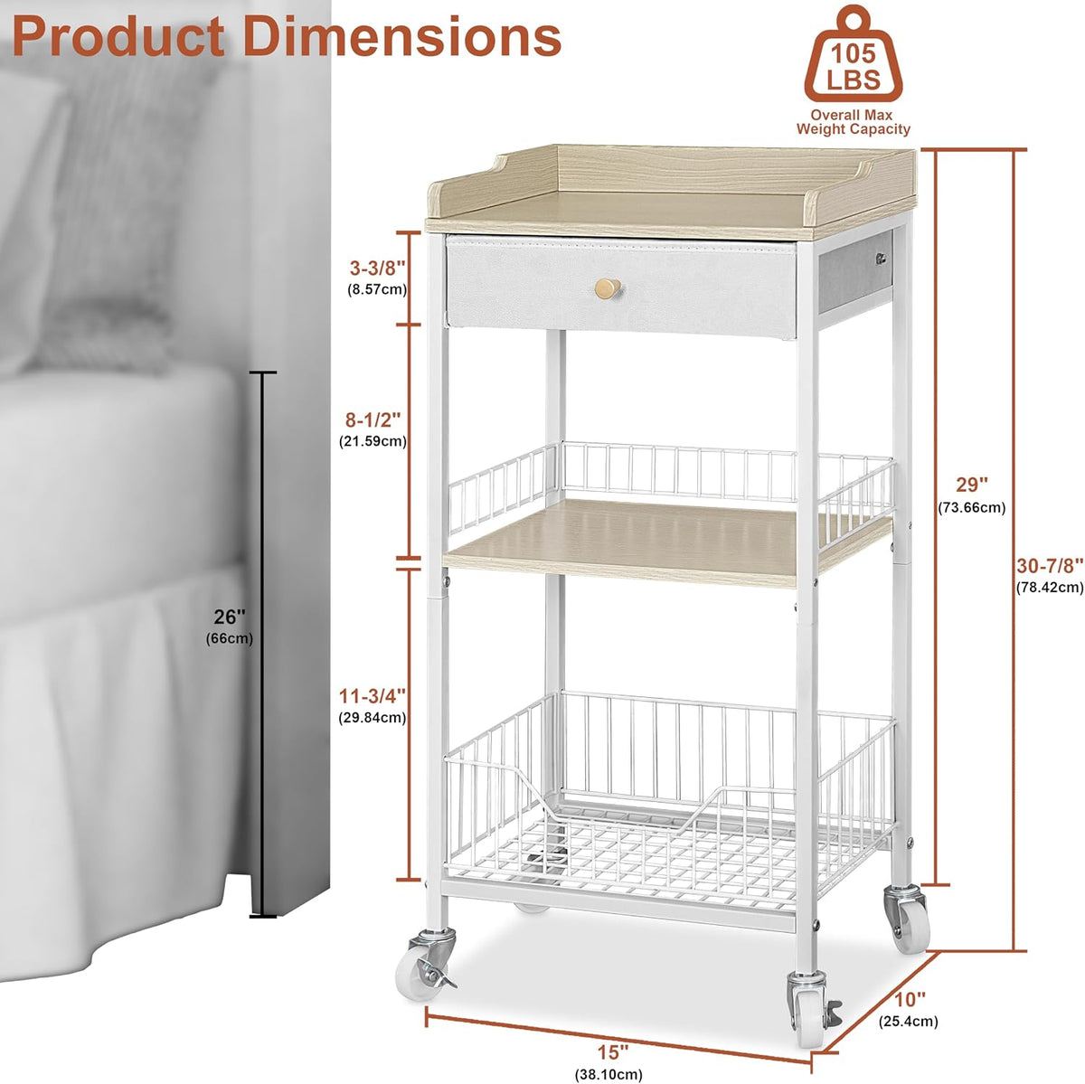 4-Tier Small Side Table with Wheels & Drawer, White & Natural