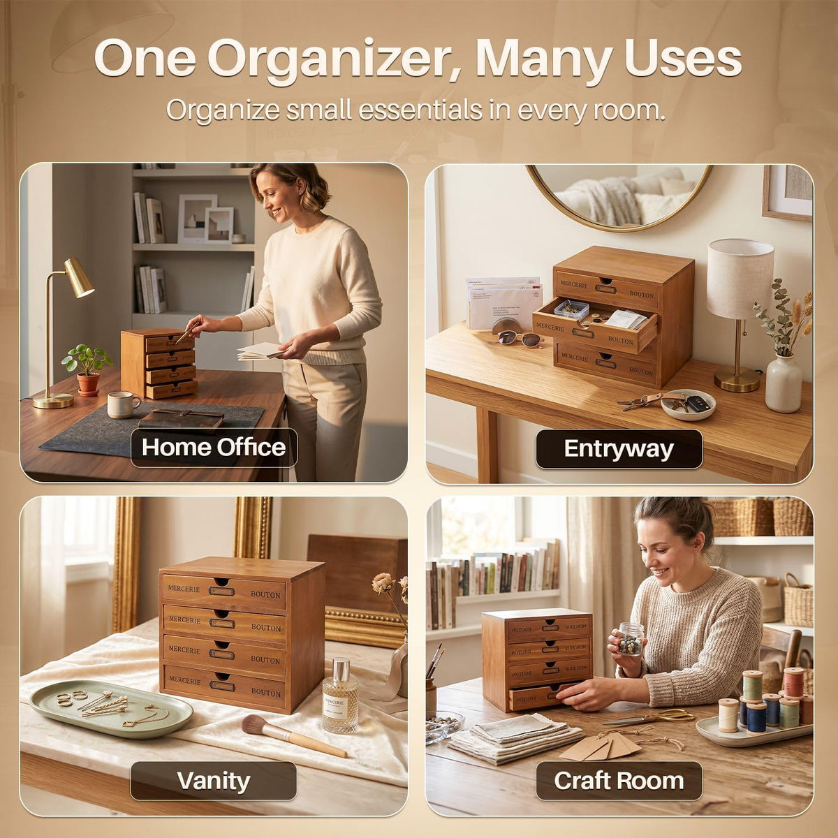Flexzion Wooden Storage Box with 4 Drawers, Vintage Desktop Organizer