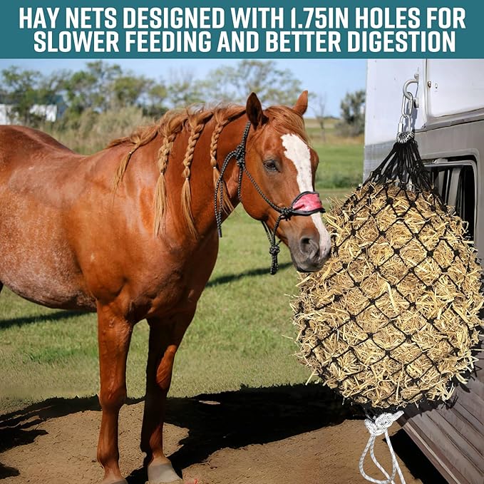 Hay Net for Horses,36 Inch Length Slow Feed Hay Net, Premium PE Material Hay Bags for Horses Goats Sheep, Easy to Hang with Steel Quick Links