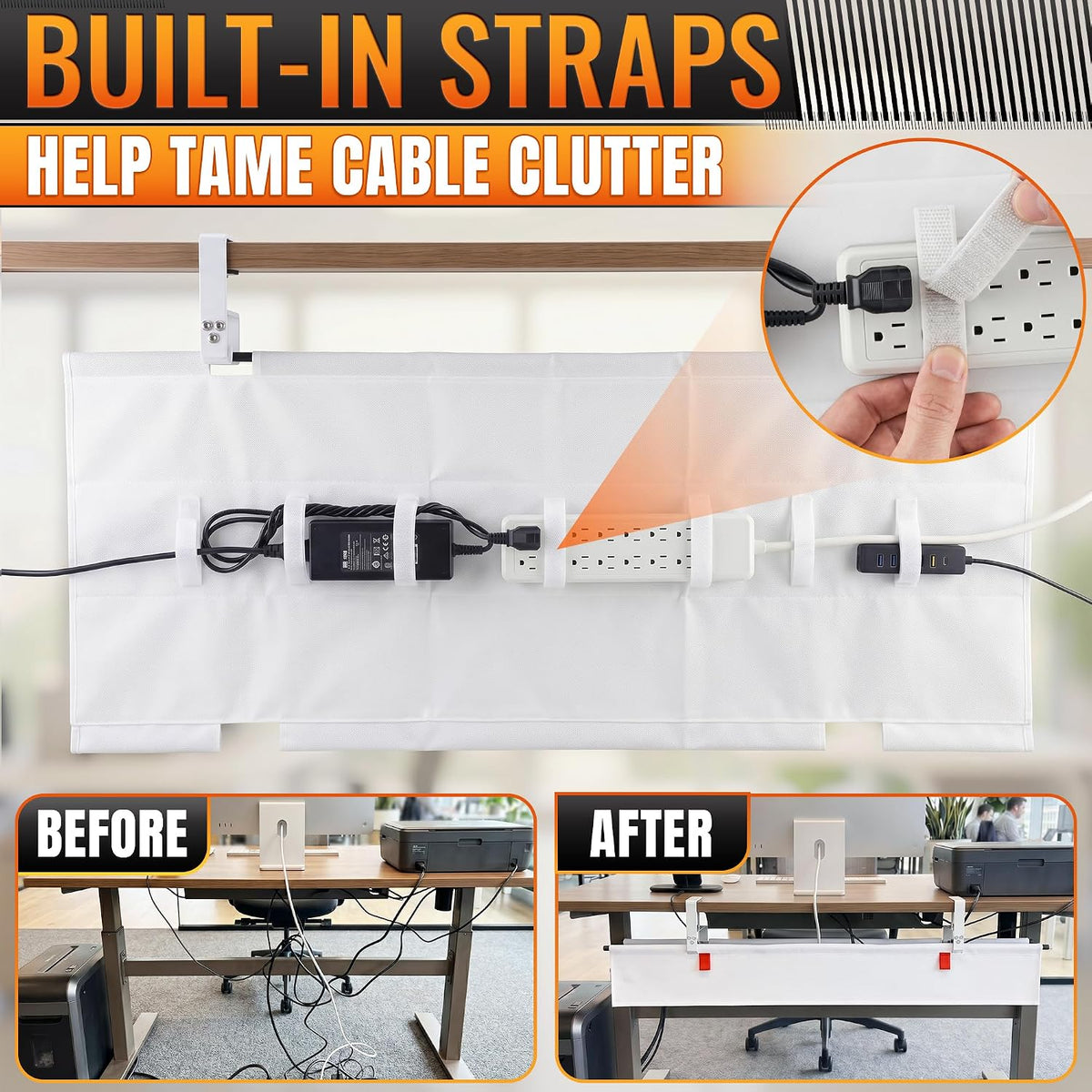 Under Desk Cable Management Tray 36" — No Drill Clamp-On Cord Organizer for Desk with Built-in Ties, Heavy Duty Metal Clamp, Foldable 600D Oxford Fabric for Home Office, WFH & Gaming PC Setup (White)