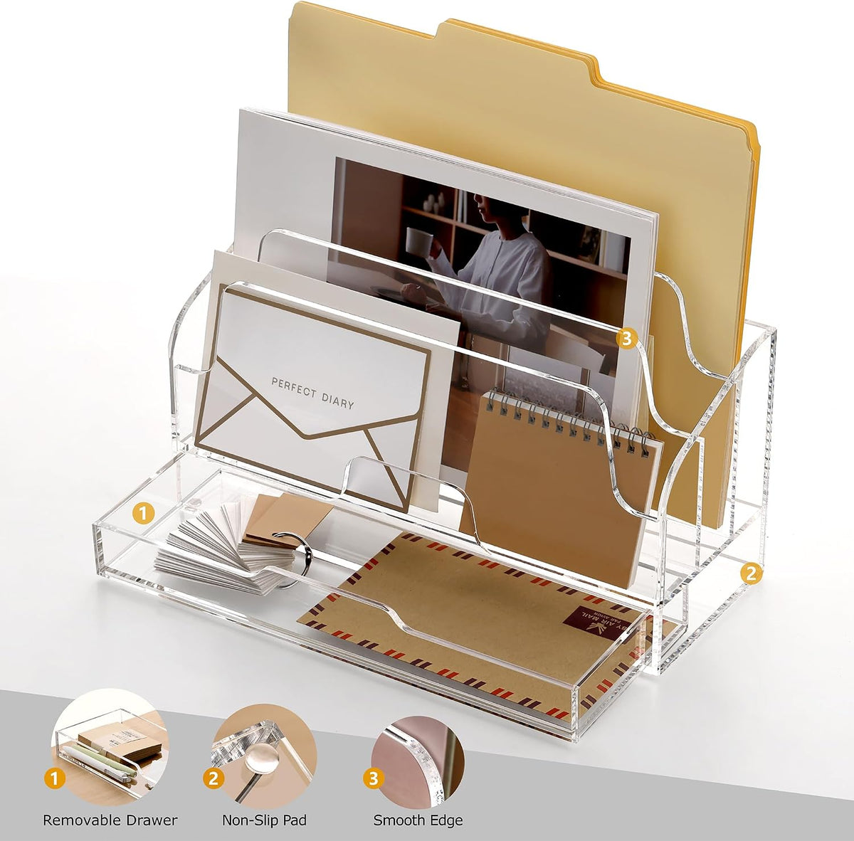 SANRUI Clear Desk Organizer Holder with Drawers, Acrylic File Mail Sorter