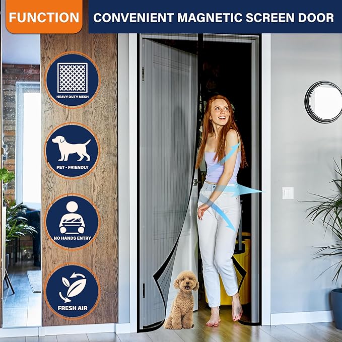 Magnetic Screen Door,Screen Door Mesh,Keep Bugs Out, Heavy-Duty Mesh Curtain,Pet and Kid Friendly, Works with Front Doors, Sliding Doors(36 x 84 Inches Black