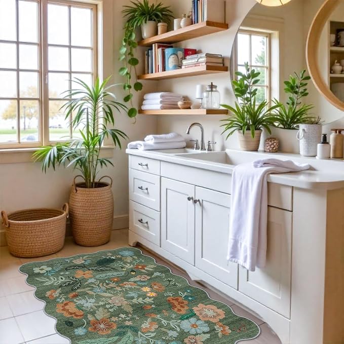 Washable Floral 2x3 Area Rug: Indoor Soft Scalloped Carpet