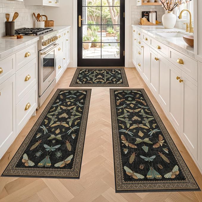 JTJ Insect Botanical Kitchen Rug Set 3 Piece, Vintage Whimsical Runner Rugs