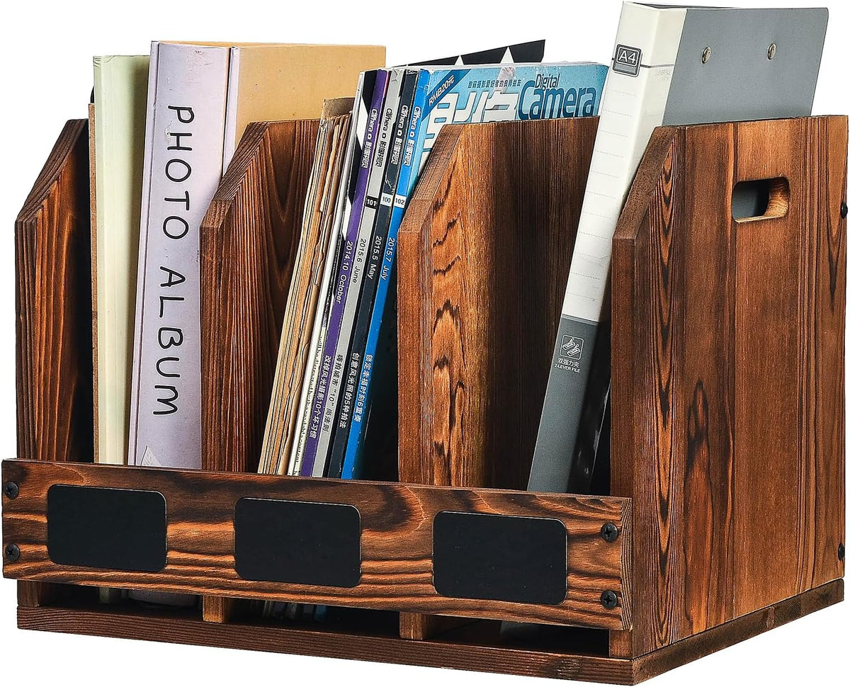 Rustic Torched Brown Wooden Desktop Document Organizer Office Chalkboard Labels File Folder Binder Sorter Storage Rack Multiple Compartments Table Organization Caddy Desk Shelf Paper Tray