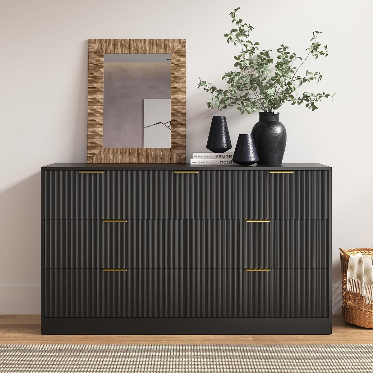 Black 7 Drawer Dresser for Bedroom, 55" Wide Fluted Chest of Drawers with Gold Metal Handles, Modern Wood Dresser Closet Storage Organizer Mid Century TV Stand for Living Room Hallway