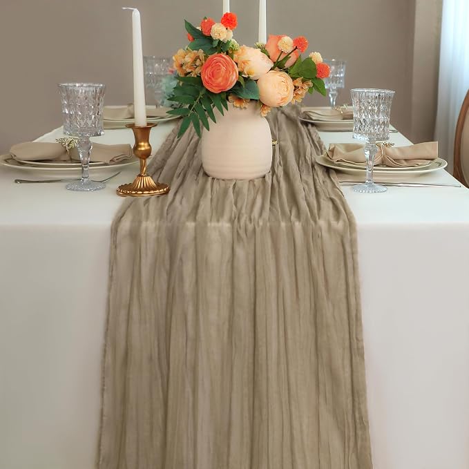 Snowkingdom 6 PCS Nude Brown Cheesecloth Table Runner, Taupe Light Tan 120 inch