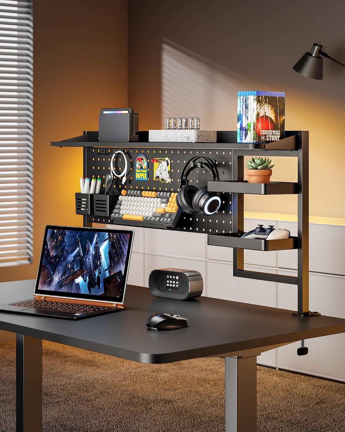 PEGZONE Clamp on Desk Shelf, 44" Desktop Shelving System, Black