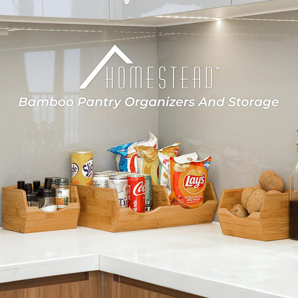 HOMESTEAD Bamboo Pantry Storage Bins – Stackable Potato & Onion Storage Bin for Kitchen Countertop, Pantry Organizer, Fruit Vegetable Basket, Multiuse - Set of 3 Slide-Out Access