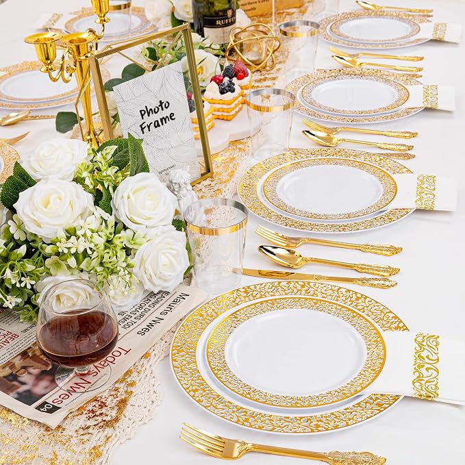 bUCLA 350PCS Gold Plastic Plates Disposable