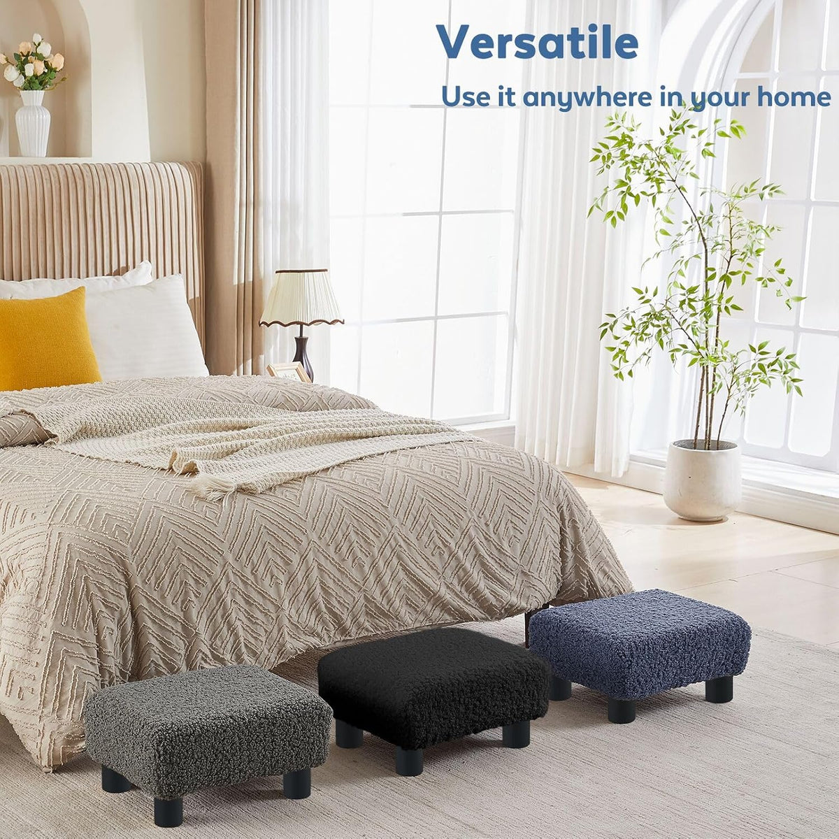 BRIAN & DANY Small Foot Stool Ottoman, Footstool with Legs, Sherpa Foot Rest for Couch, Foot Stools Small for Living Room, Bedroom and Office, Coal Black