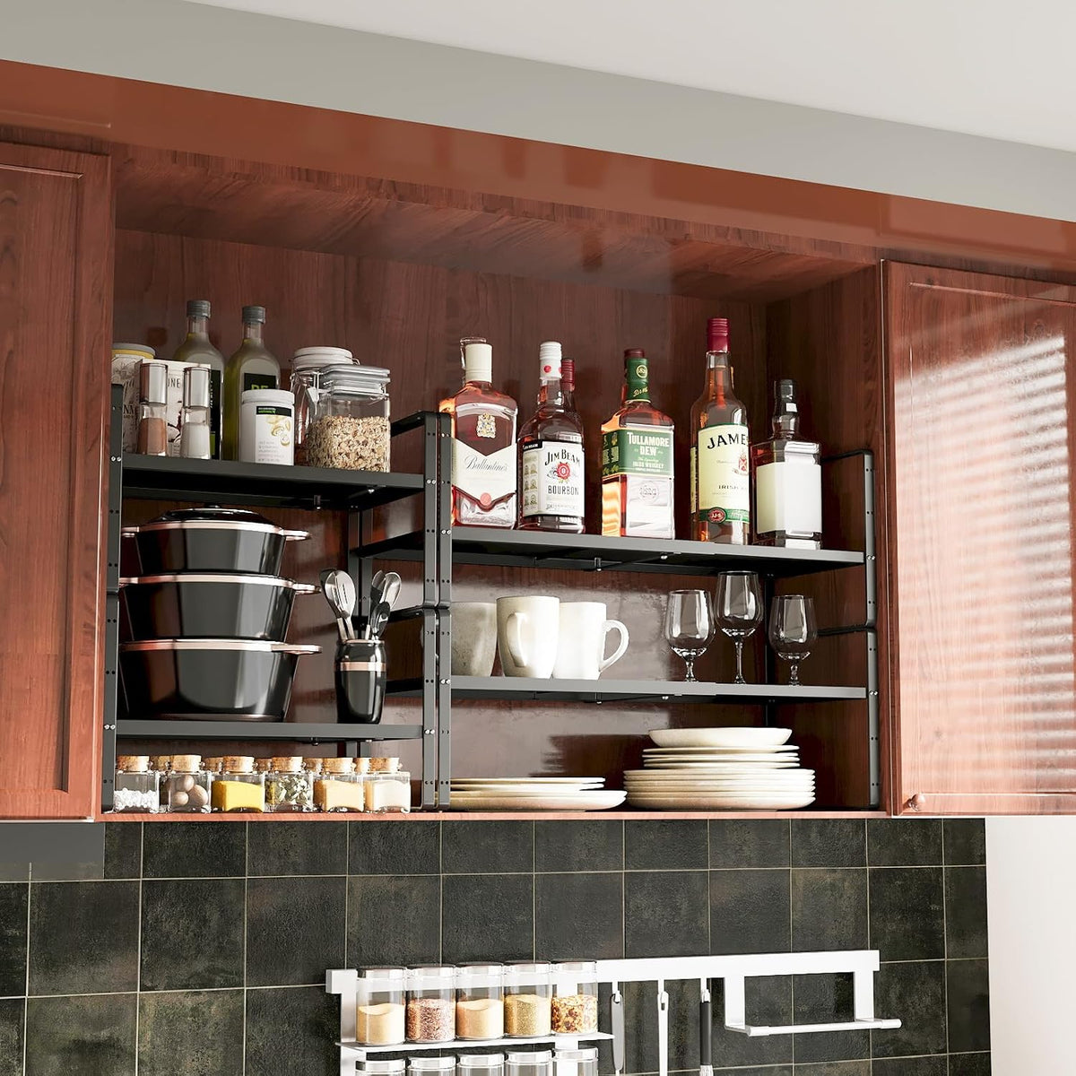 16.5~27.1" Expandable Shelf,2Pack 10.2" Wide Adjustable Height Cabinet Shelves,Black
