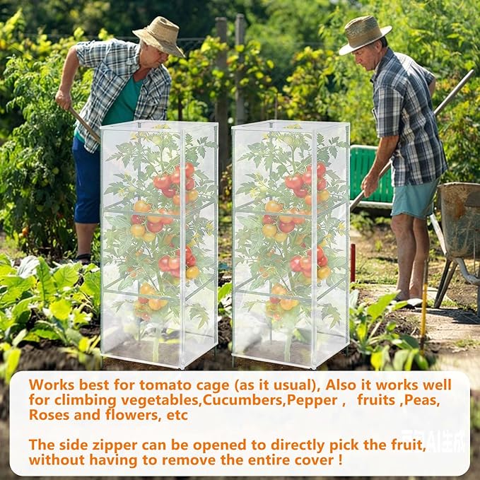 3 Pack Garden Netting Cover for Square Tomato Cage, 48"x14"Bird Netting Barrier with Zipper Drawstring Tomato Trellis Net Mesh Climbing Plant Cover for Protecting Vegetable Fruits from Animals Insect
