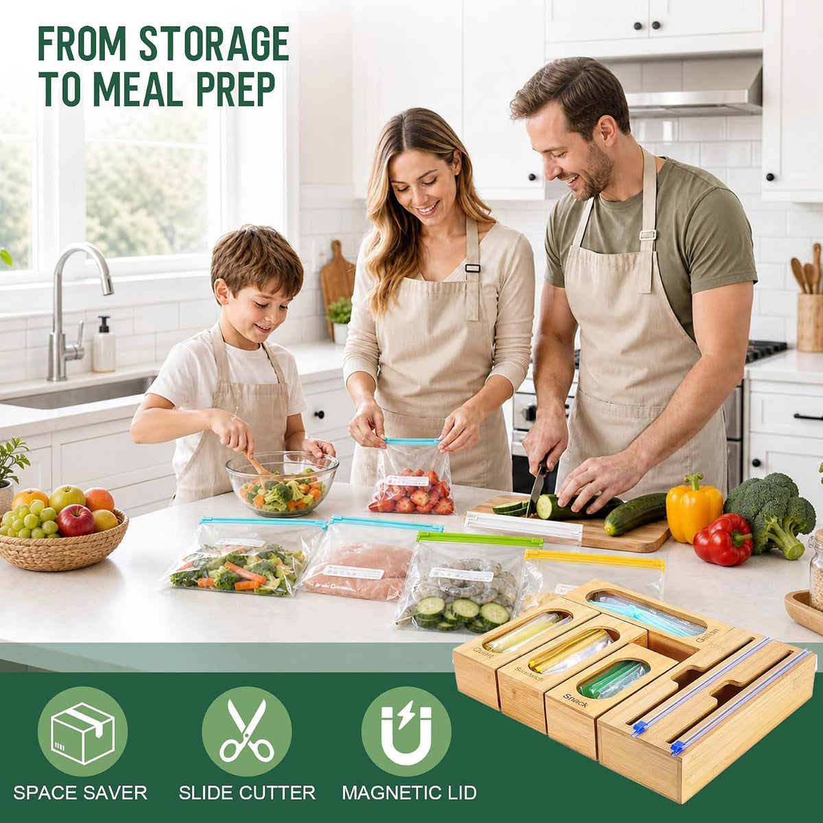 Storage Bag Organizer for Kitchen Drawer, 5-Slot, Bamboo