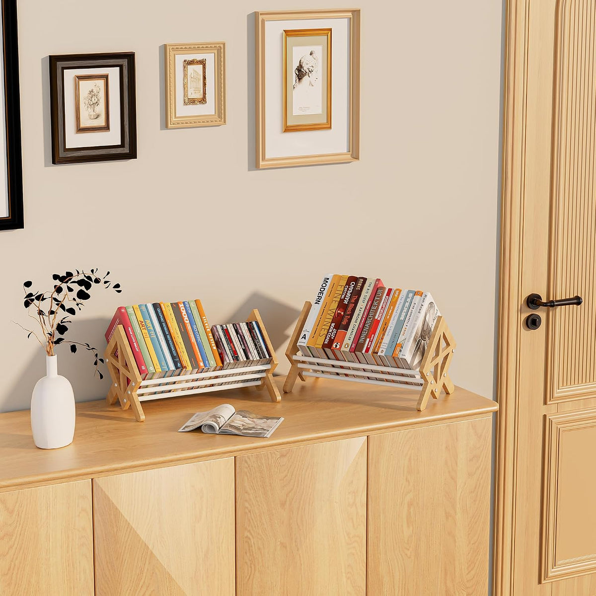 Desktop Bookshelf Organizer, Wood Office Tabletop Book Storage Rack, Tilting Bookcase for Books/CDs/Magazine Display (2 Packs White)