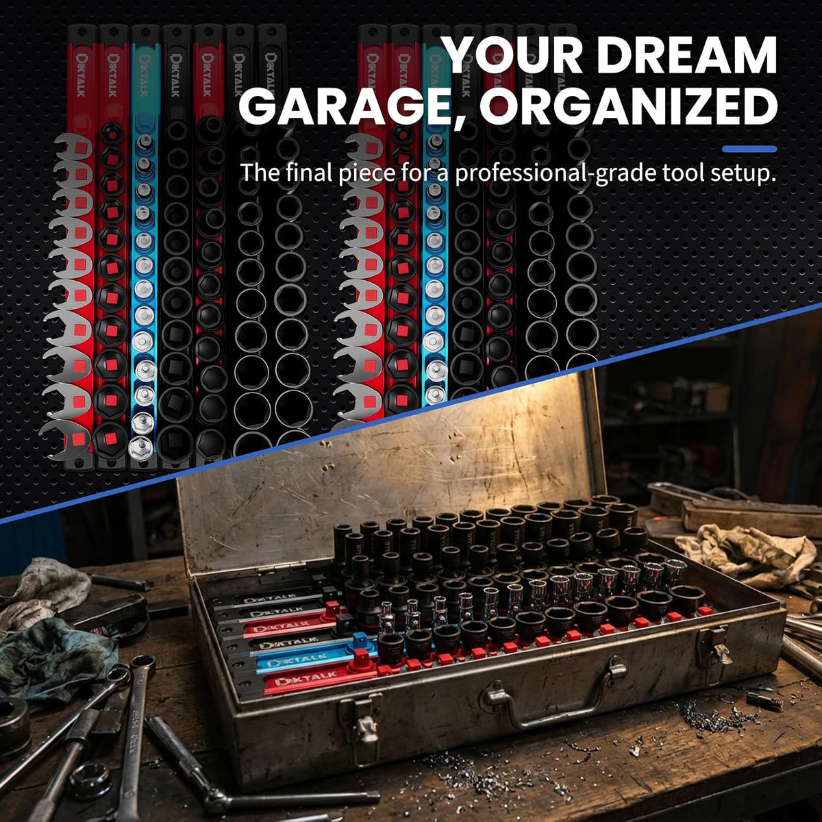 8PC Magnetic Socket Organizer Set, for 1/2″ 3/8″ 1/4″ Drive with 3 Black 3 Red 2 Blue Trays, 360° Swivel Removable Clips, Heavy Duty Aluminum Alloy Rail for Tool Box Drawer