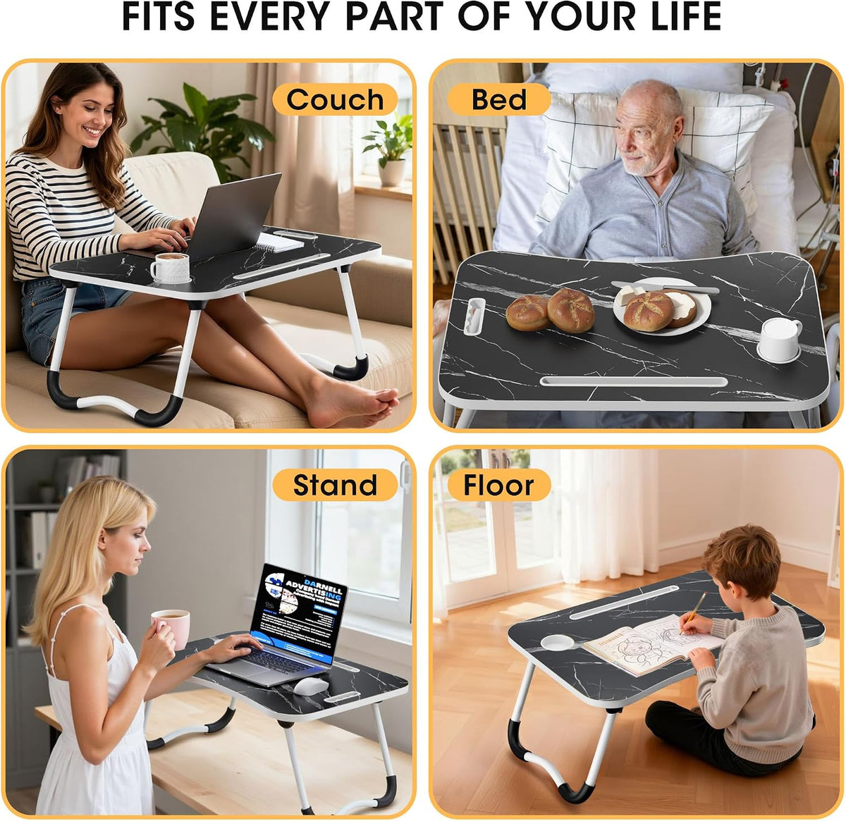 Folding Lap Desk, 23.6 Inch Wood Laptop Bed Desk with Cup Holder, Portable Bed Table for Working Writing Reading & Eating for Bed, Sofa, Couch, Floor - Dark Black