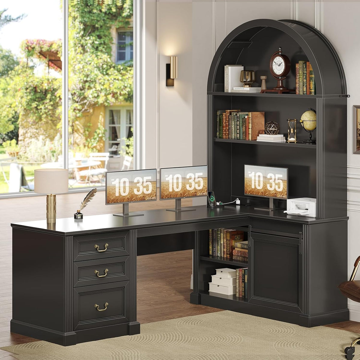 SEDETA 67" L Shaped Desk with Tall Arched Bookshelf & 3 Drawers Storage