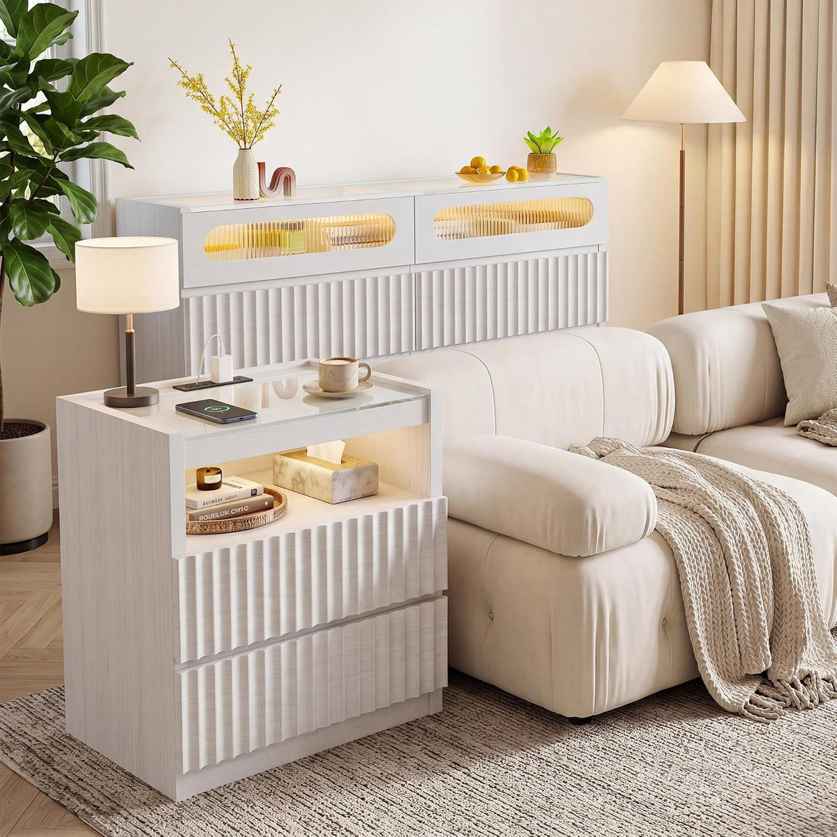 Modern Nightstand with Charging Station,Fluted 2 Drawers,White Oak Finish