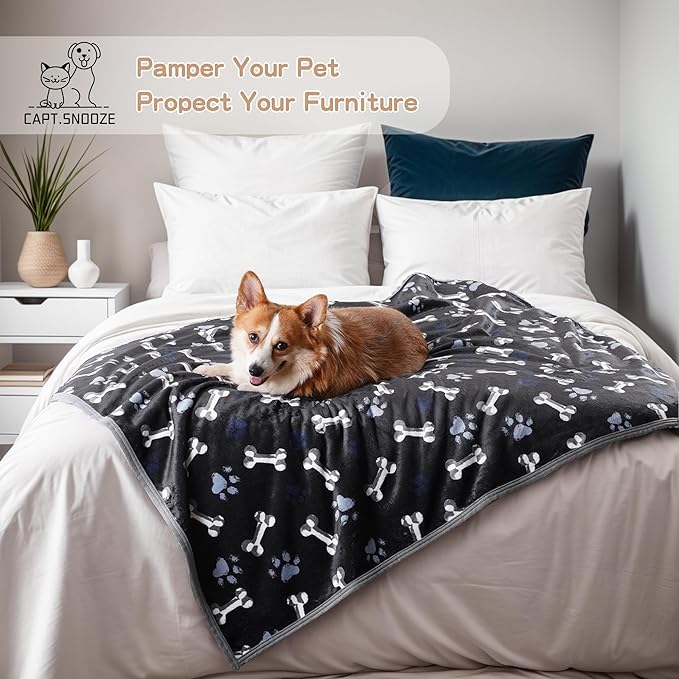 Waterproof Dog Blankets Pet Blanket, Soft Fluffy Sofa Car Bed Protector, Reversible Sherpa Fleece Dog Blanket for Large Dogs (Navy Paws, 60"x80")