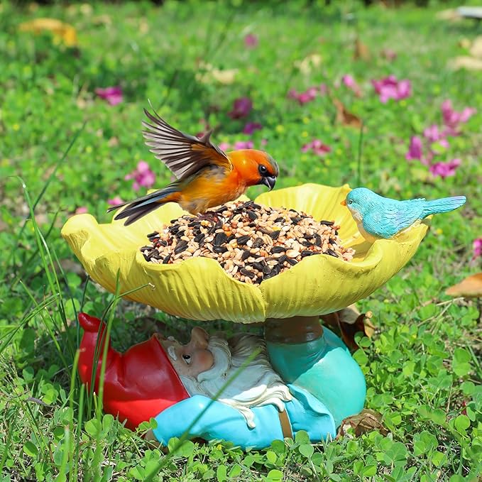 MUMTOP Bird Baths for Outdoors, Outdoor Garden Birdbath Bowl Resin Sunflower Bird Baths and Feeder with Funny Gnome for Outside Yard Table Decor