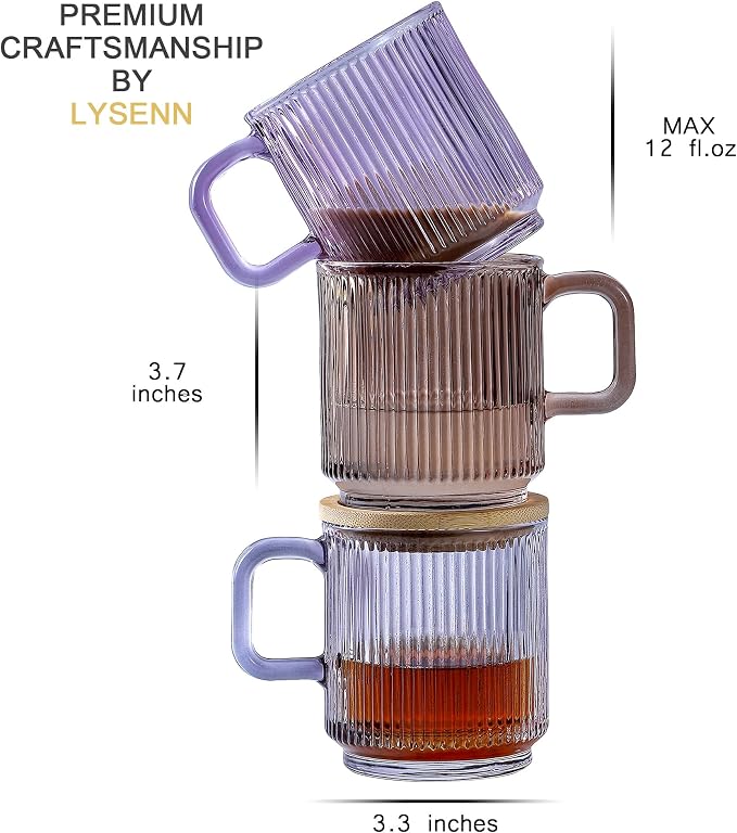 Lysenn Purple Glass Mug with Lid, Premium Glass Coffee Mug, 12 oz Tea Cup |