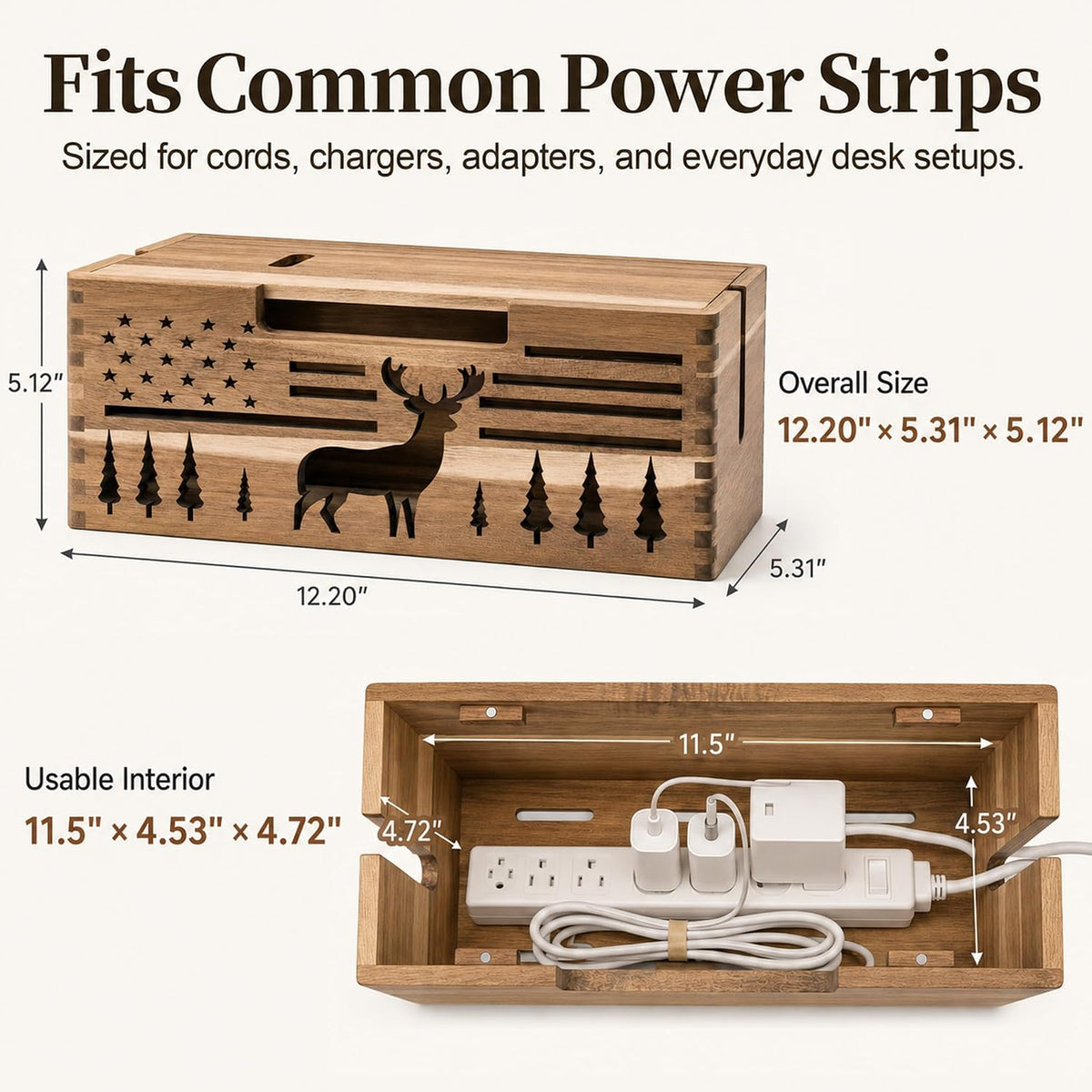 Acacia Wood Cable Management Box,Cord Hider & Organizer for Power Strip