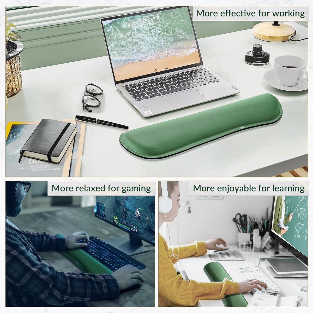 Gimars 17.3'' Extended Keyboard Wrist Rest Pad with 63D High-Density, Firm Memory Foam, Anti-Slip Rubber Base and Ergonomic Design for Typing Pain Relief,Office,Gaming, Computer, Laptop, Dark Green