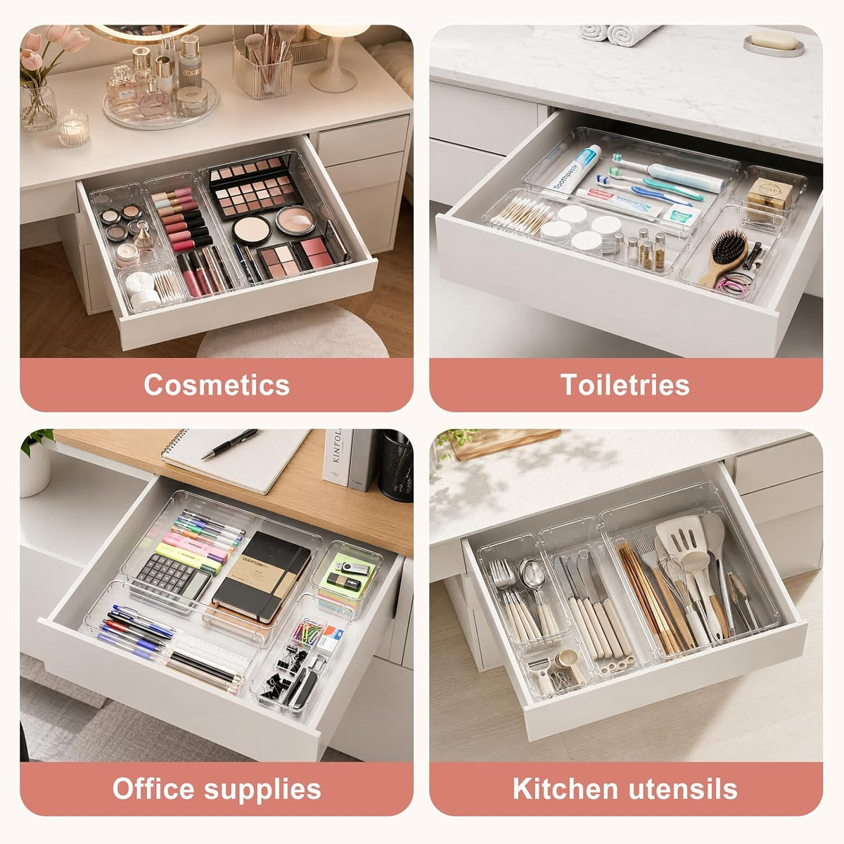 81 PCS Clear Plastic Drawer Organizer Set 4 Sizes Desk Divider Storage Bin