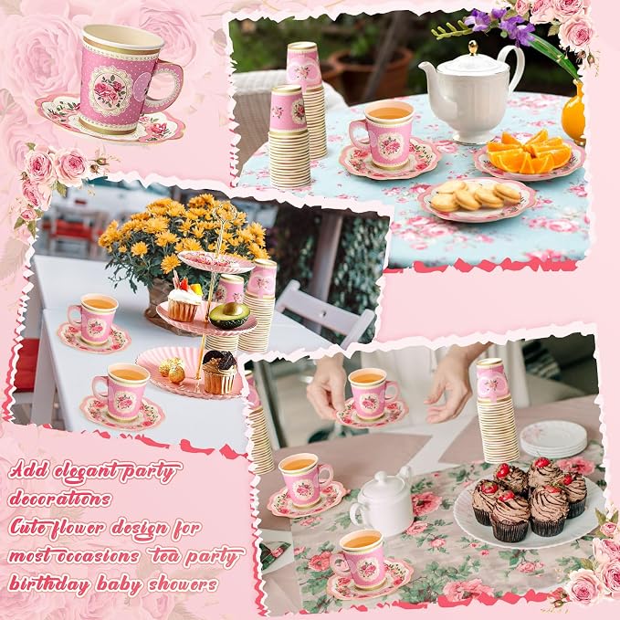 Tioncy 100 Pcs Tea Party Decorations Include 50 Pieces 9 oz Paper Tea Cups