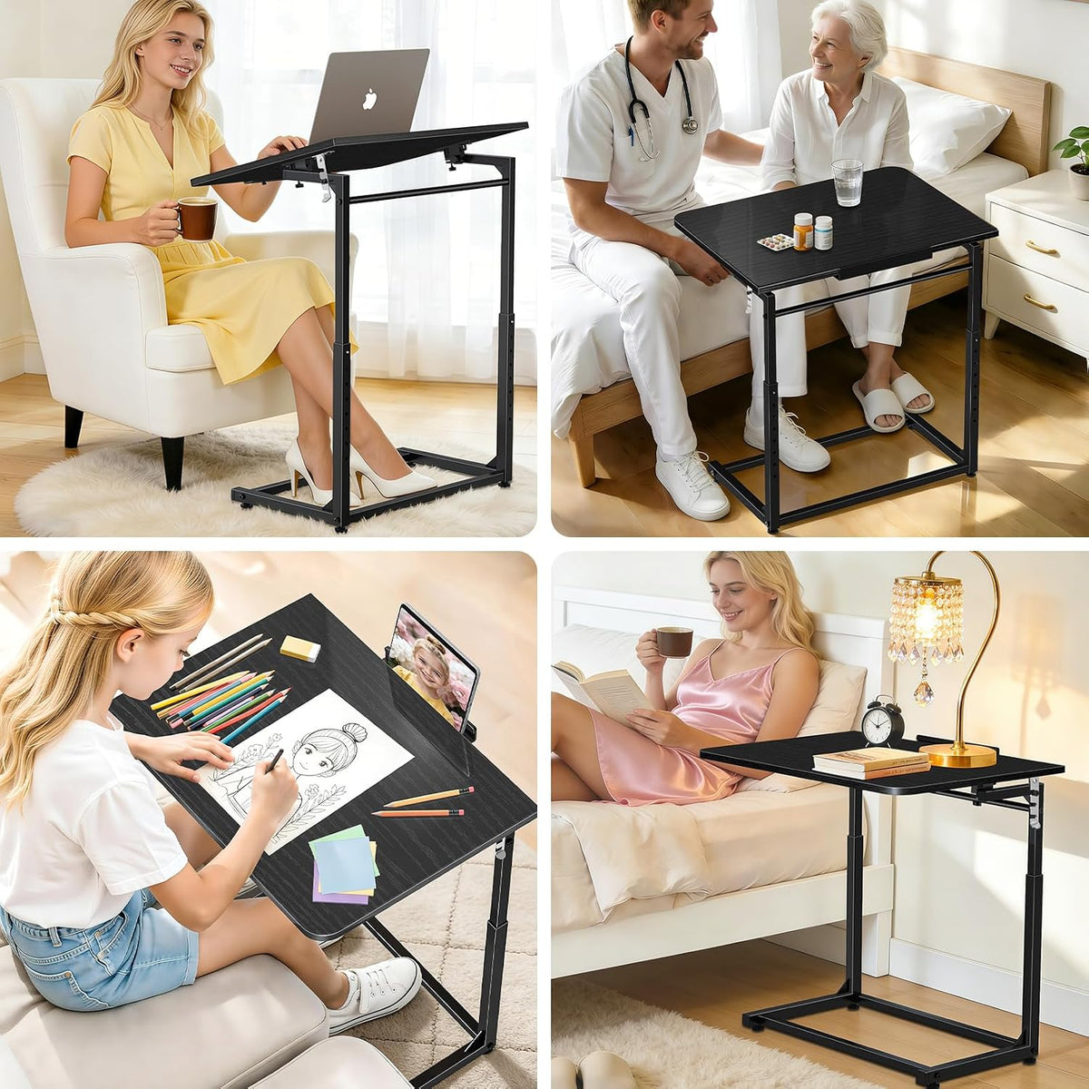 Extra Large Heavy Duty TV Tray Table, 23.6" Folding C-Shaped Laptop Desk for Couch & Bed, Height & Tilt Adjustable Overbed End Table with Phone/Tablet Slot, Easy Clean Black Finish for Small Spaces