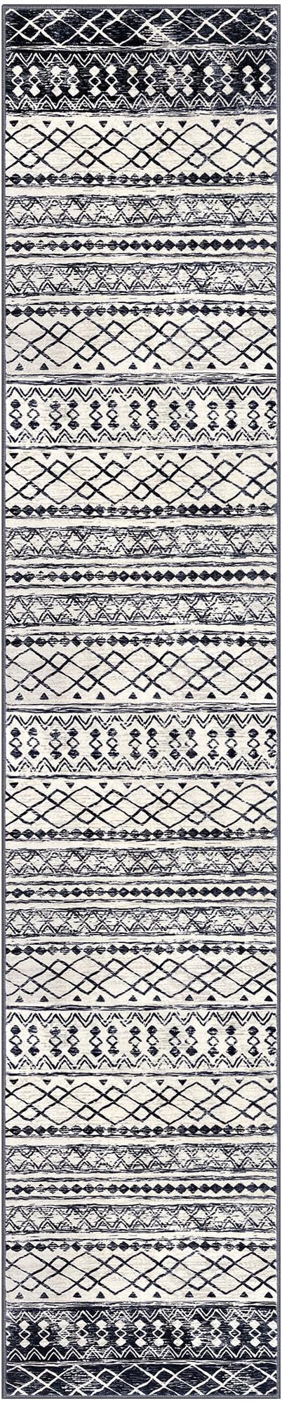 KUTA Moroccan Washable Runner Rug, 2x10 Non-Slip Vintage Black Navy Blue Boho