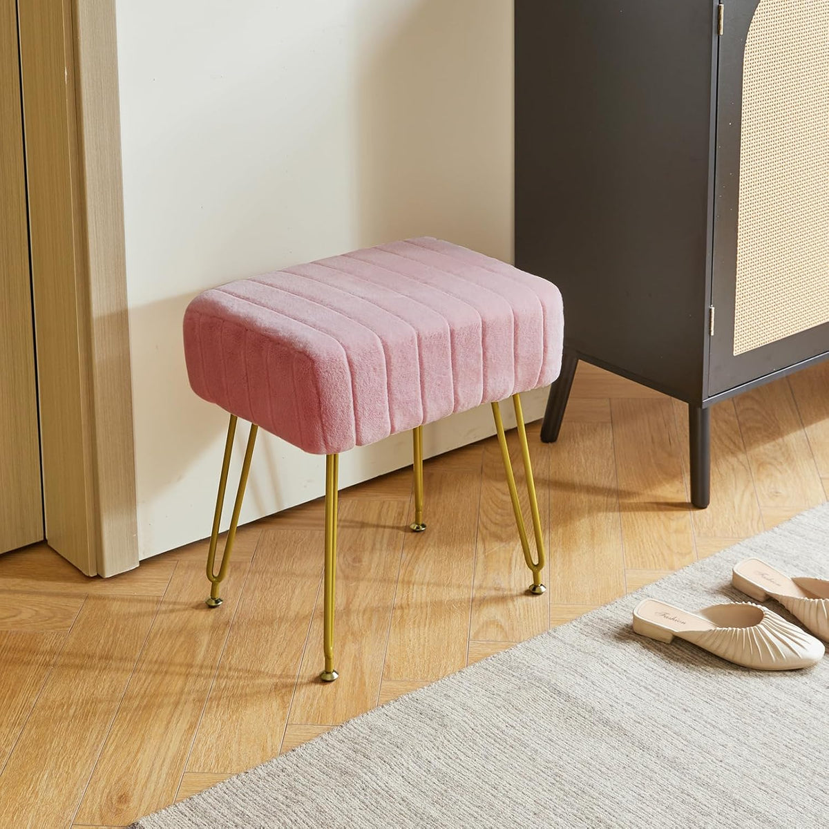 IBUYKE Makeup Vanity Stool, Velvet Rectangular Footrest, Pink LG-51P