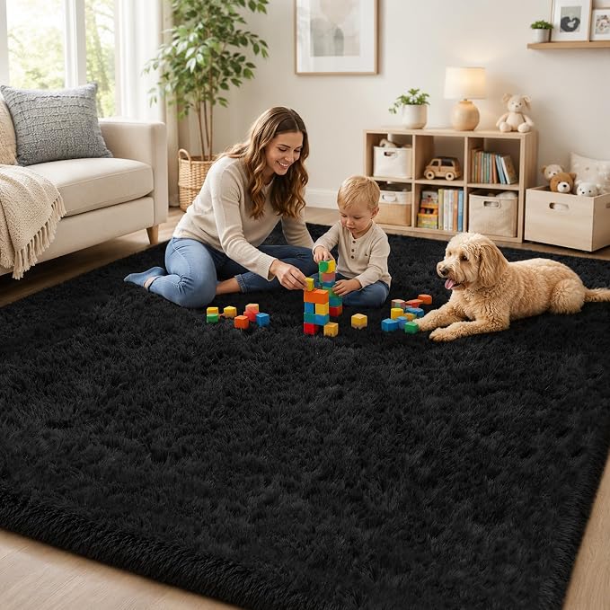 Area Rug for Living Room Bedroom: 5x7 Black Soft Fluffy Shag Upgrade Non-Slip
