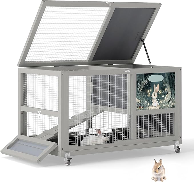 COZIWOW 36.5-Inch Double-Decker Wooden Rabbit Hutch with Wheels, Featuring A Cleaning Tray and Ladder—Stylish and Easy to Assemble(Grey and Pattern)