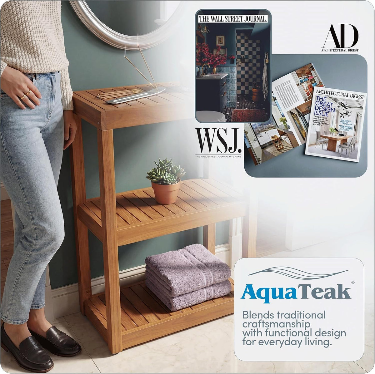 AquaTeak 12" Original Sula Rectangle Teak Bathroom Stand - Shower Stand with 3 Tier Shelf - Durable Water Resistant Shower Organizer - Space-Saving Storage Shelves with Anti-Slip Feet
