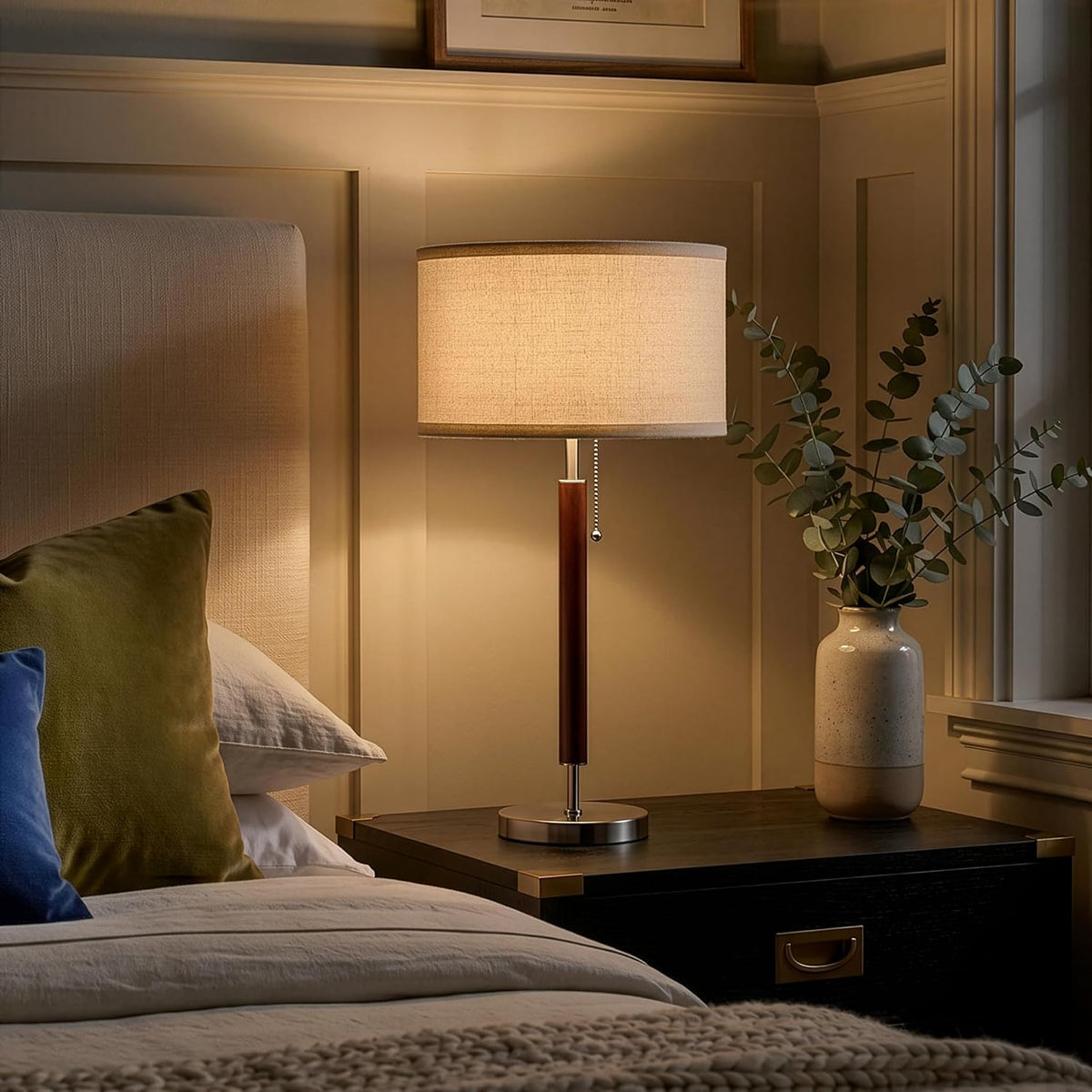 Brightech Carter LED Bedside Lamp - Compact Table & Desk Reading Lamp for Bedroom, Living Room, Office - Modern Nightstand & Side Lamp with Soft Ambient Light - Stainless Steel & Wood Finish