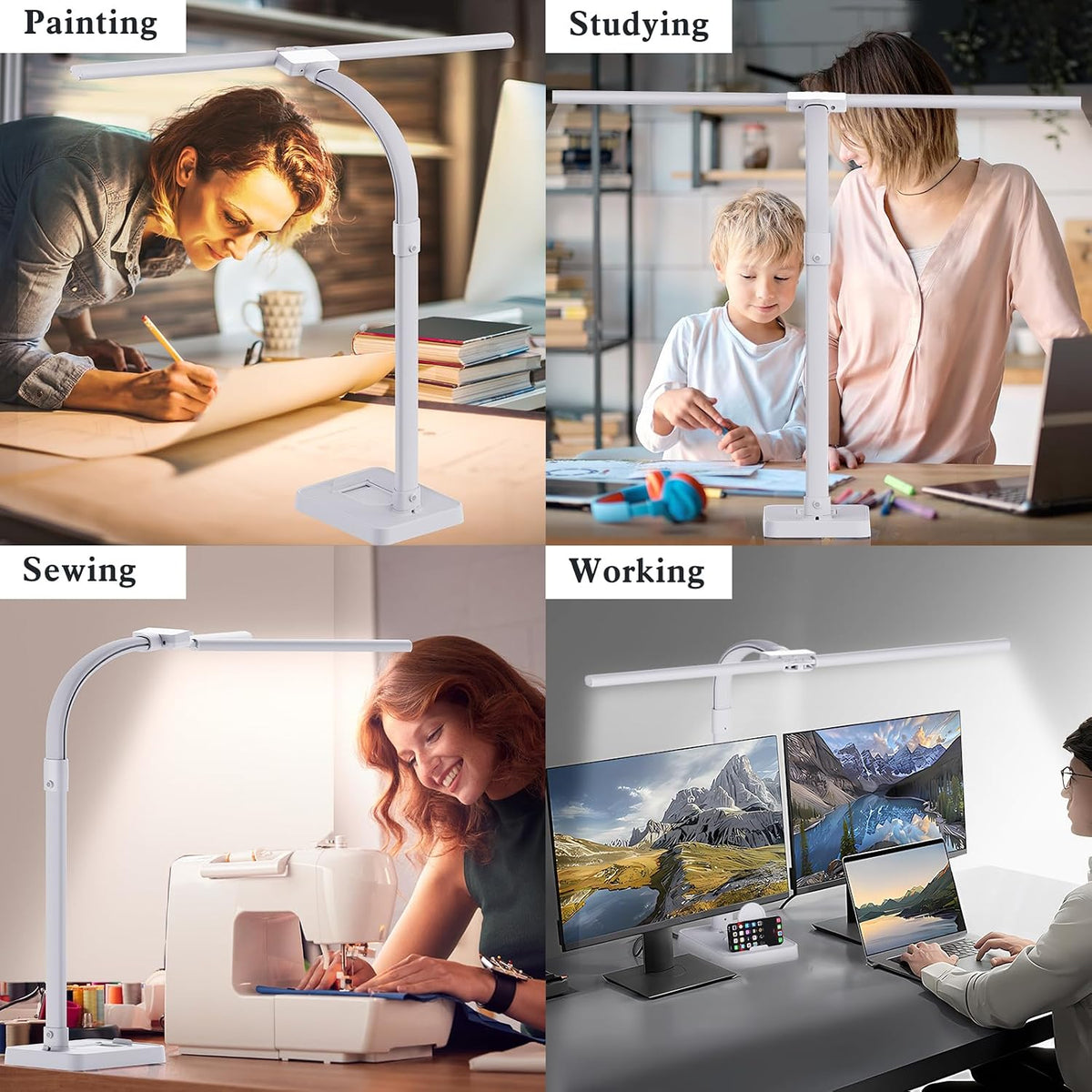 GAEFURY LED Desk Lamp for Home Office, 24W Bright Desk Lamp with Phone Holder Base - 25 Lighting Modes Eye-Caring Desk Light Adjustable Gooseneck Lamp for Workbench Drafting Reading Study-White