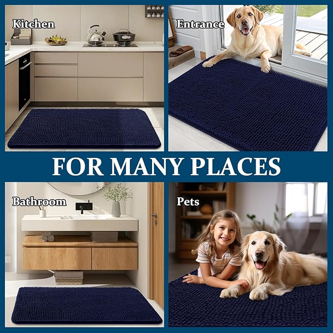 OLANLY Dog Door Mat Set 4-Piece 24x16, Absorbs Moisture and Dirt, Absorbent Non-Slip Washable Doormat, Quick Dry Chenille Mud Mat for Dogs, Entry Indoor Entryway Carpet for Inside Floor, Navy Blue