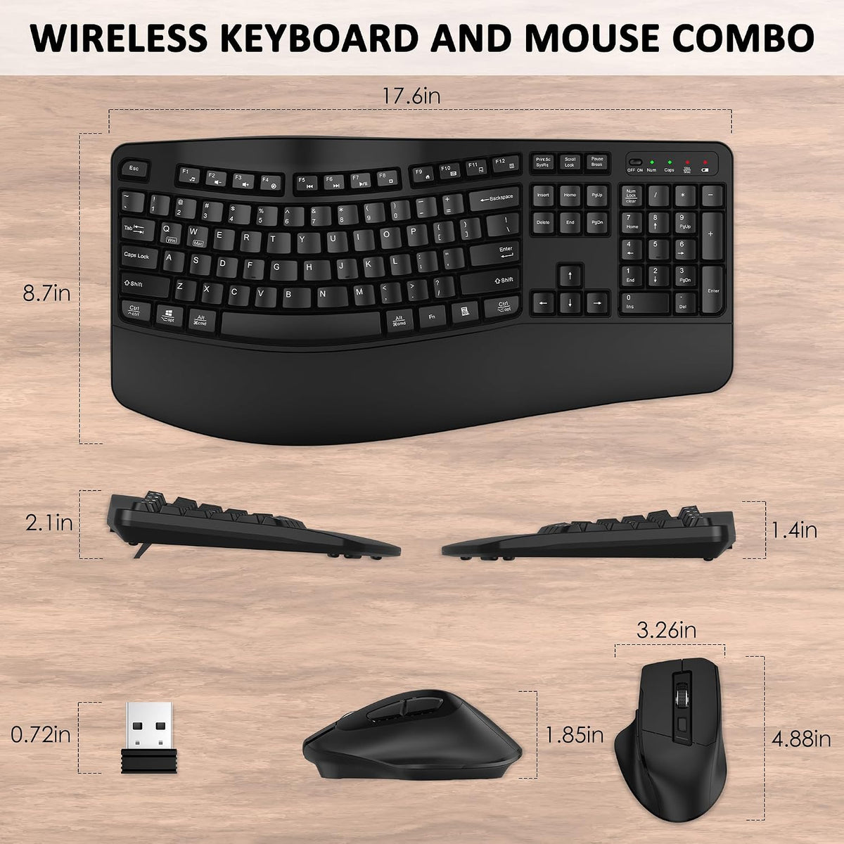 Wireless Keyboard and Mouse Combo, 2.4G Ergonomic Wave Keys(Black)