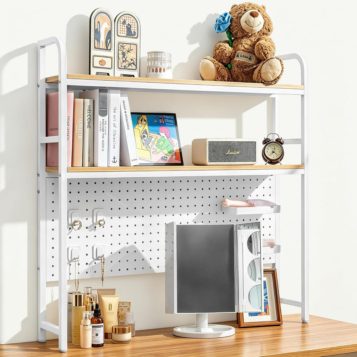 deli Desktop Shelf, Desk Hutch with Metal Pegboard, White