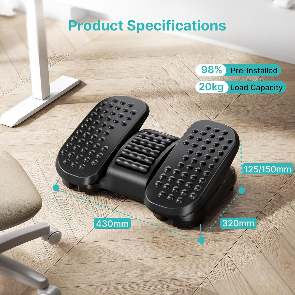 PEGZONE Under Desk Foot Rest with Massage Texture and Roller, 2 Heights