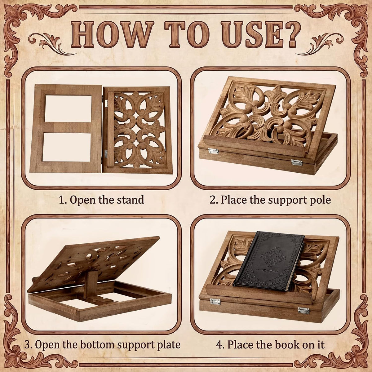 Amyhill Adjustable Wooden Bible Stand 13x10, Carved Book Holder, Classic