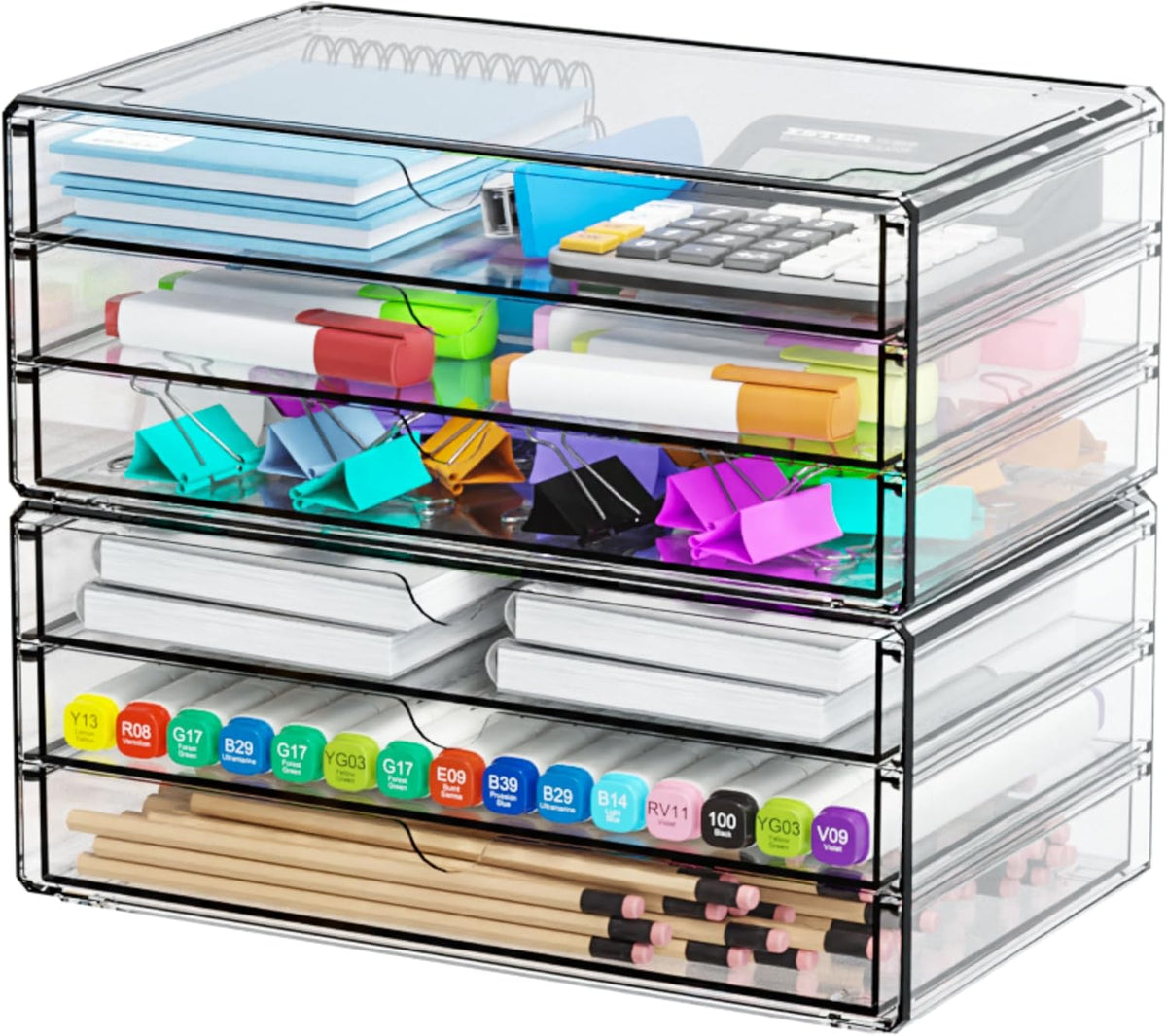 Yieach 2 Pack Acrylic Storage Drawers With 6 Drawers,Stackable Desk Organizer and Makeup Organizer,Large Clear Office Supplies Organizer for Pen,Stationary,Palettes,Arts Craft Organizers and Storage