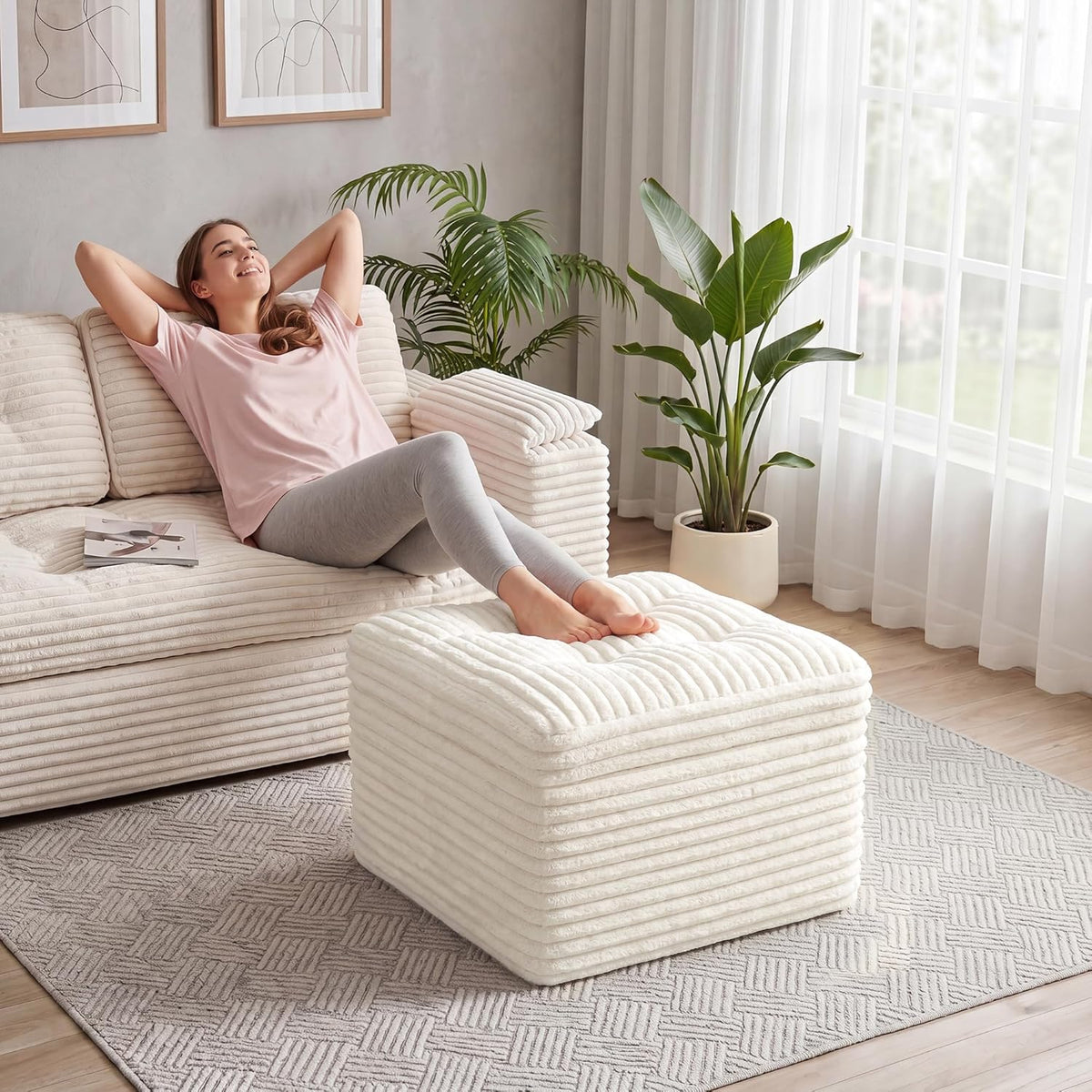 23.6in Pouf Ottoman, Corduroy Footstool Foot Rest Seating, Beige