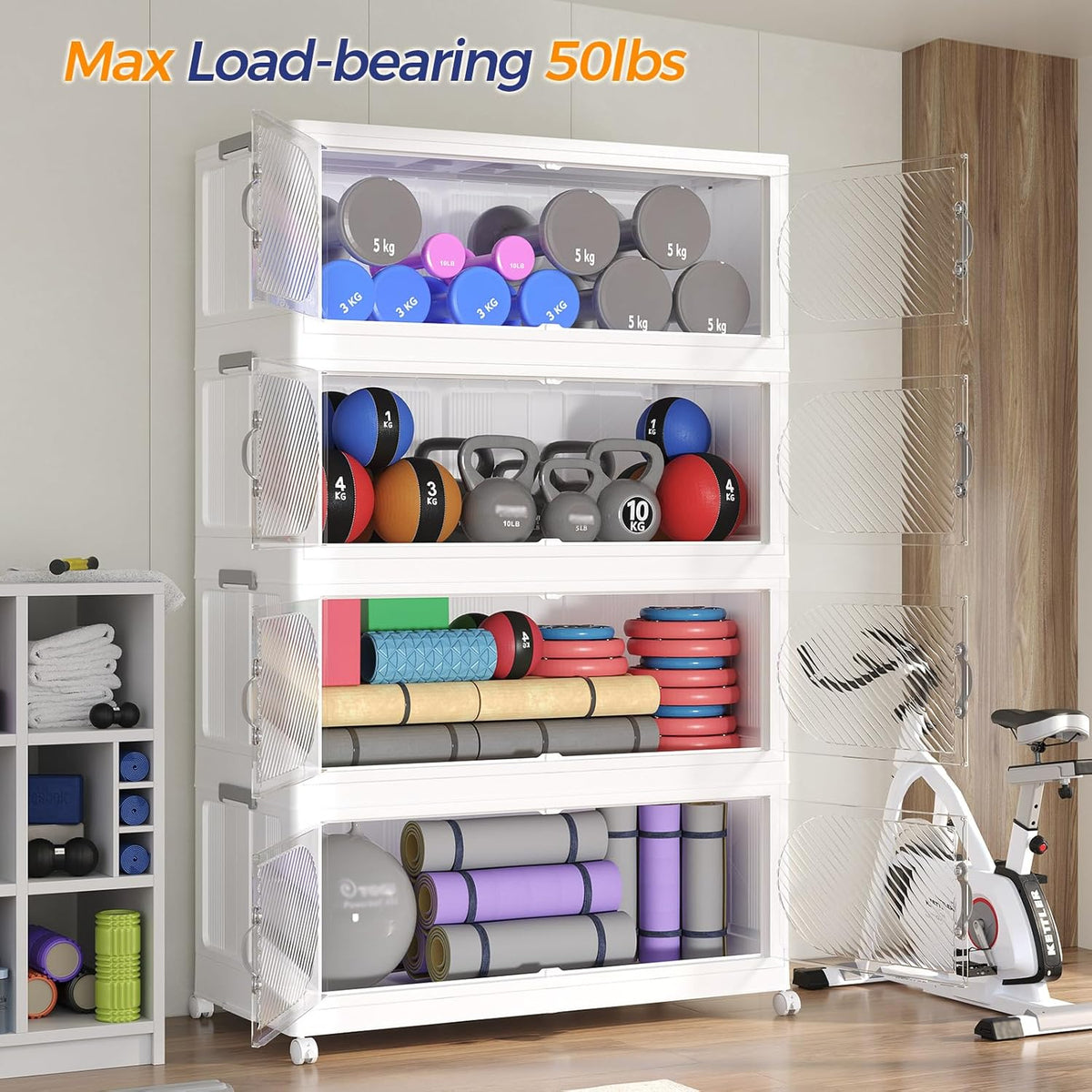 200Gal/800QT 5-Tiers Extra Large Stackable Storage Bins with Lid, Collapsible Cabinet Closet Organizer Plastic Container Box with Wheels Doors Drawers for Living Room Kitchen Office, White