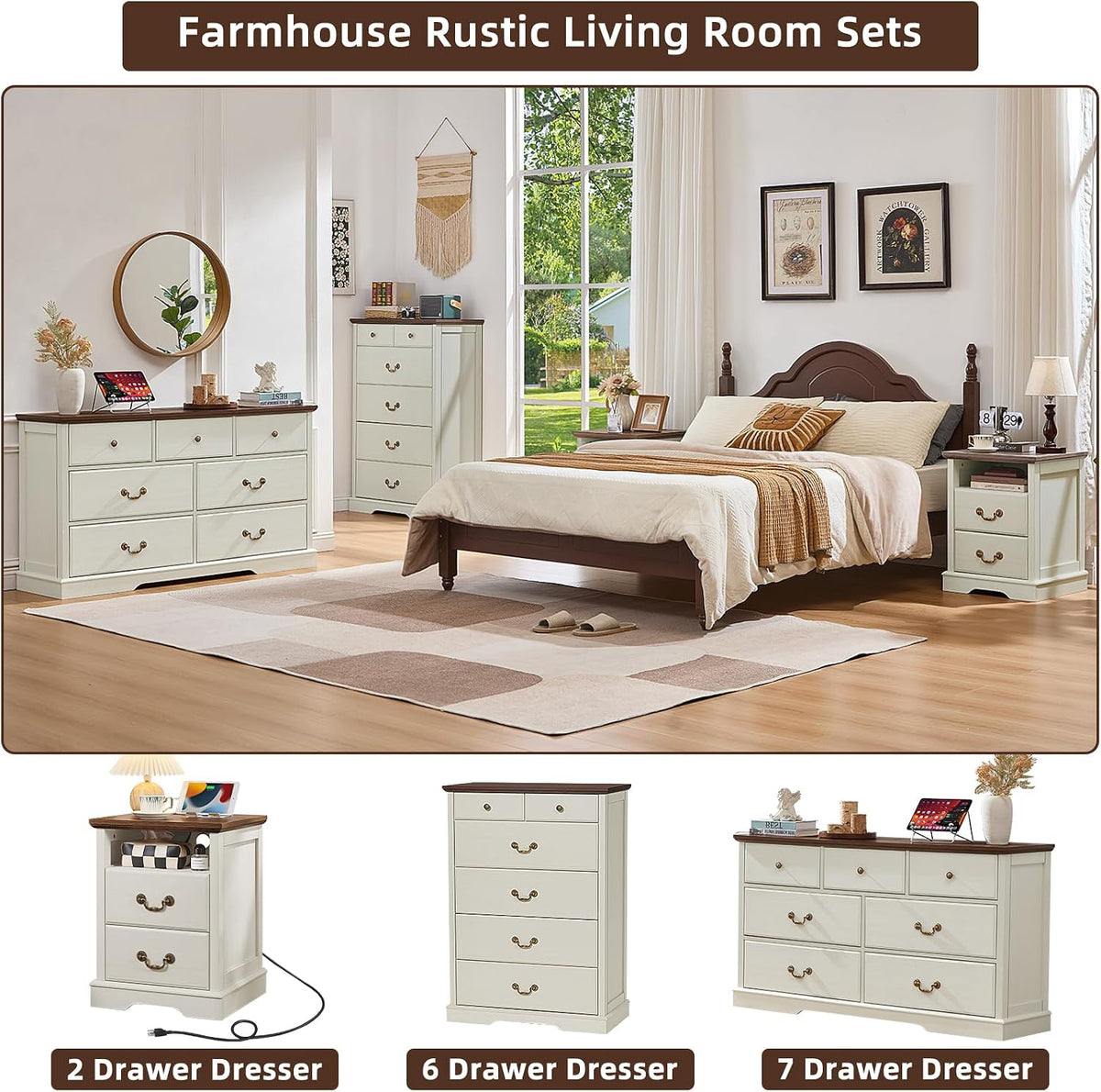 6 Drawer Dresser,Farmhouse Wood Chest of Drawers for Bedroom,47" Tall Dresser with Rustic Handles,Wood Drawer Organizer for Living Room,Hallway,Closet,White