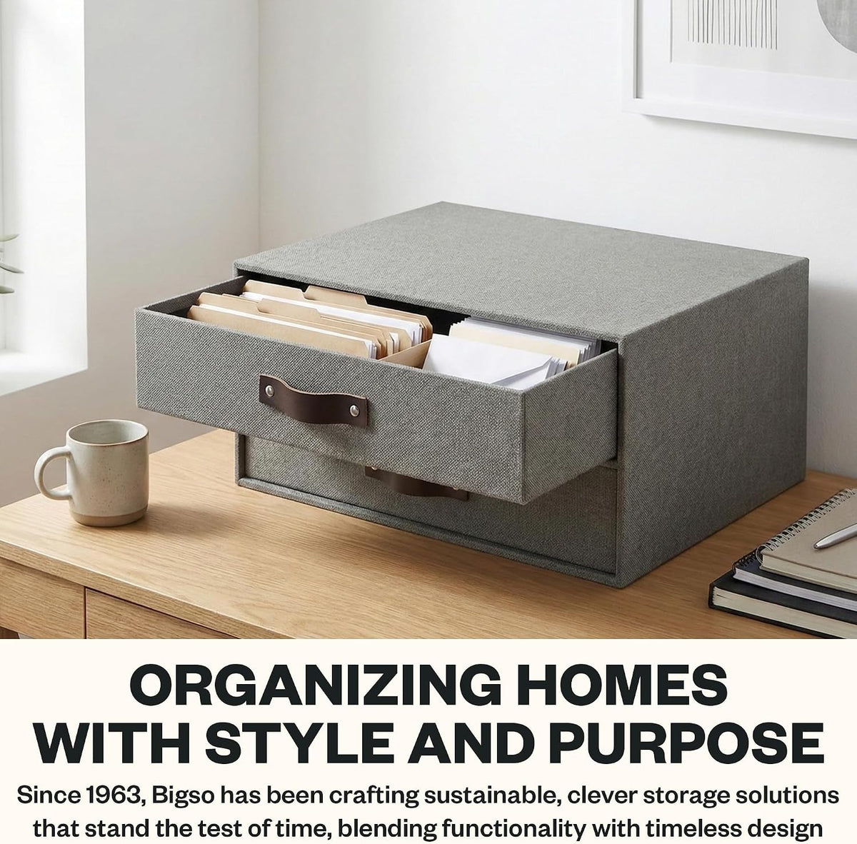 Bigso Birger 2-Drawer Canvas Fiberboard Easy Pull Handle Document Letter Box | Desktop Drawers for Loose Papers and Documents | Desktop Storage Drawers with Leather Handles | 13.1” x 10” x 5.7” | Grey